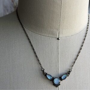 Blue Cabochon Glass Stones Pendant In Sterling Silver Chain 16” Necklace